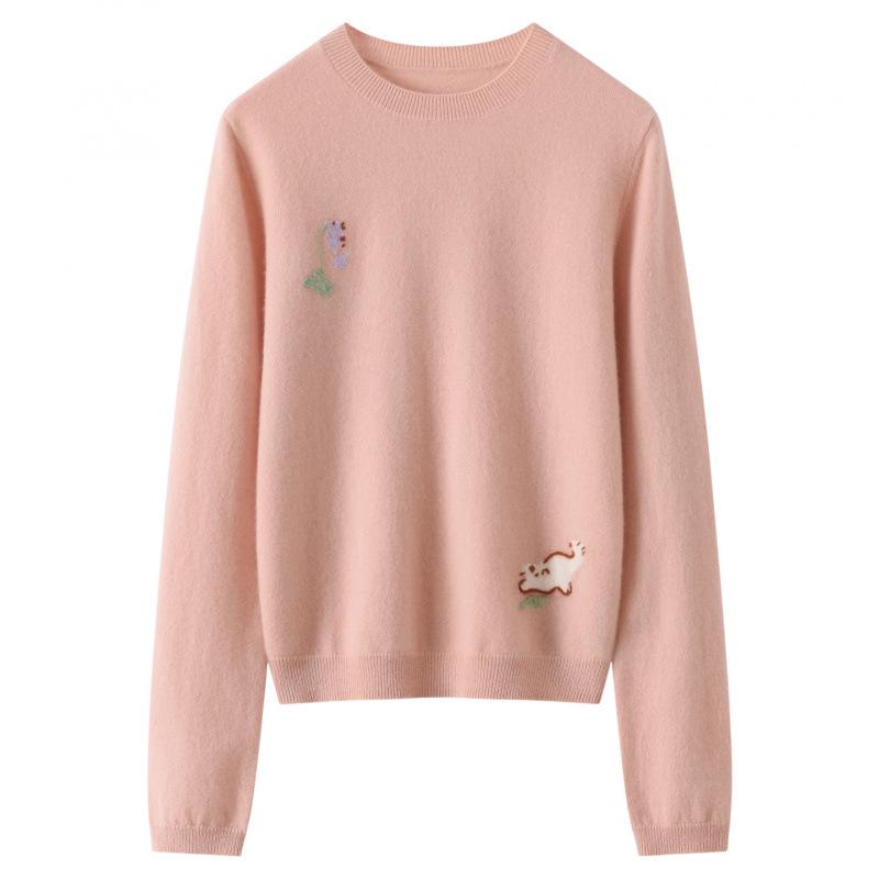 Women's 100% Pure Cashmere Sweater - Autumn/Winter, Versatile Round Neck, Loose Fit, Pink Knit
