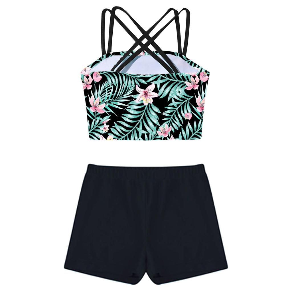 Kids Girls Swimwear Set Double Shoulder Straps Tank Top with Shorts for Beach Pool Swimming Bathing