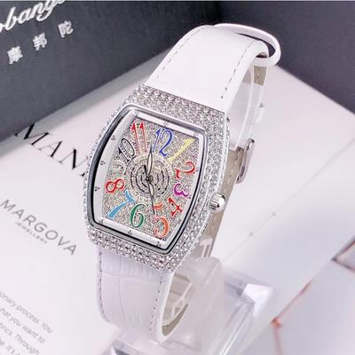 Luxe Diamant Kristal Dames Horloges Kleurrijke Rechthoekige Wijzerplaat Lederen Kwarts Horloge Klok Uniek Ontwerp Polshorloge