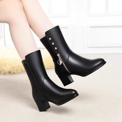 Medium Tube Fashion Boots Women's Shoes New Soft Leather Fashion Mother Boots Velvet Warm Non-slip Martin Boots Women's Shoes
