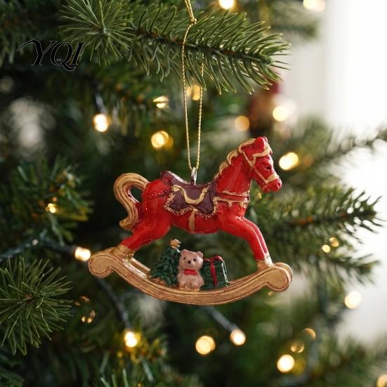 Xmas Window Wall Hangings Rocking Horse Christmas Ornament, Resin Tree Hanging Decoration with Seasonal Trims Bear Gift Box for Holiday Decor