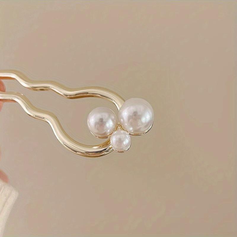 Chinese Style Faux Pearl Wave U-shaped Hairpin, Metal Golden Hair Stick, Bun Headwear