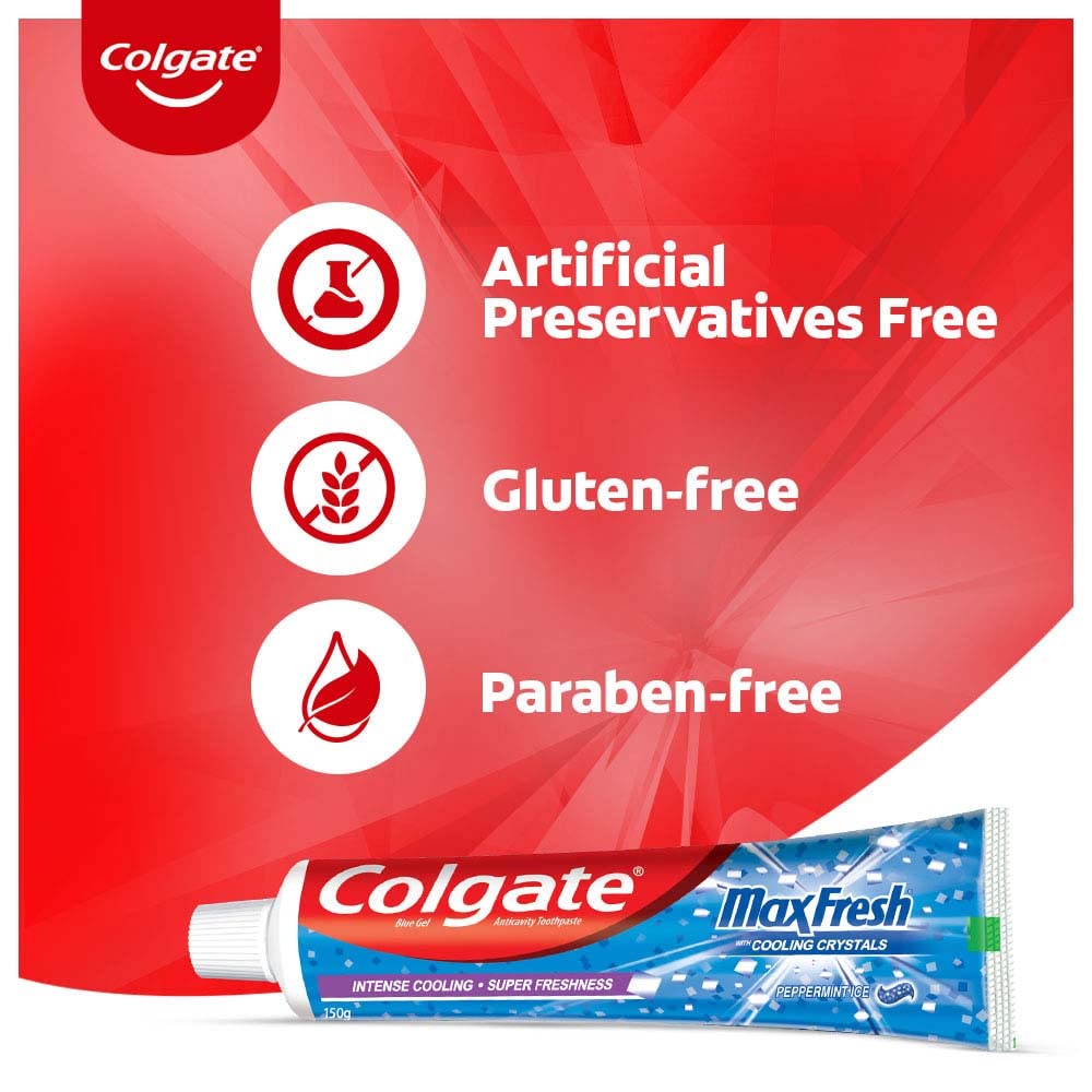 Colgate MaxFresh Breath Freshener Toothpaste, 600g (150g X 4), Peppermint Ice, Blue Gel Paste with Menthol, Cooling Crystals for Bad Breath Control