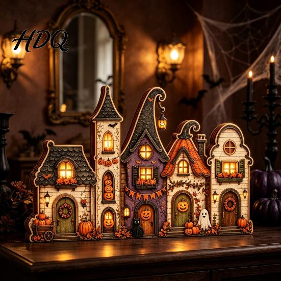 Halloween Wooden House Decorations Retro Haunted Village Tabletop Decor Fall Farmhouse Witch Distressed Wood Crafts Ornament Ghost Town Centerpiece