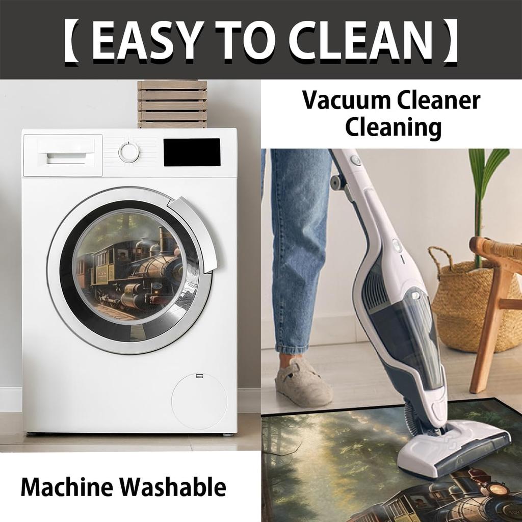 Half Round Door Mat, Steam Trains Non-Slip Half Circle Area Rug Railroad Forest Doormat Washable Durable Home Decor Half Moon Rug for Floor Indoor