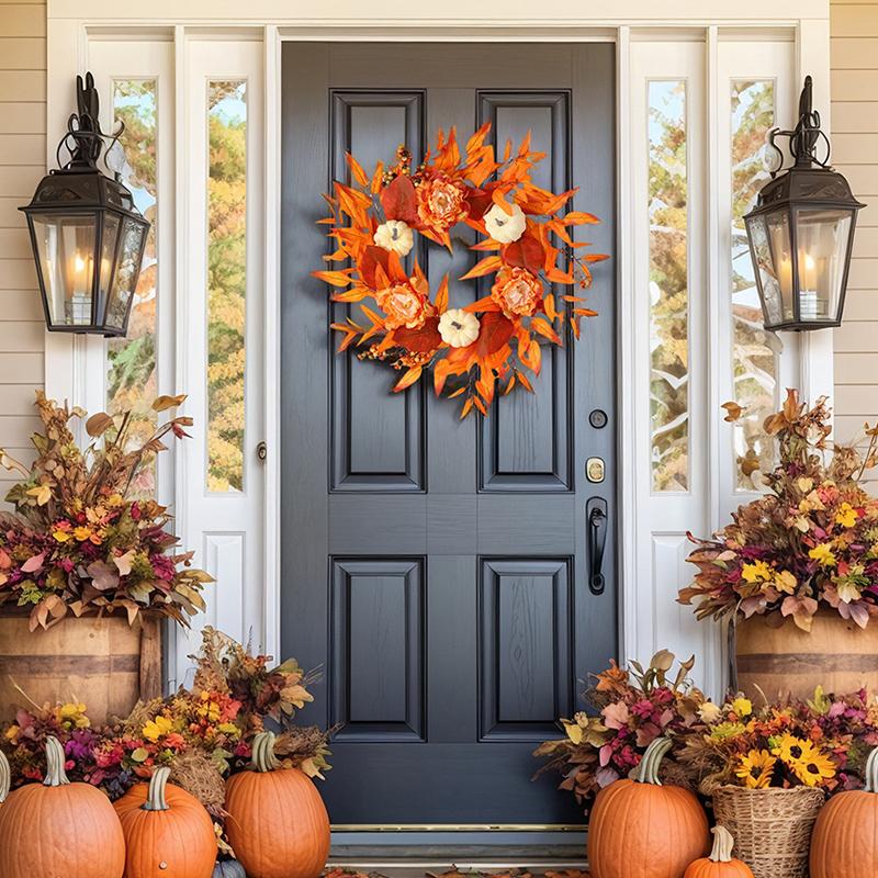 Handmade Maple Leaves Pumpkins Wreath Diy Decoration For Thanksgiving Halloween Front Door Wall Hanging Autumn Harvest Wreath