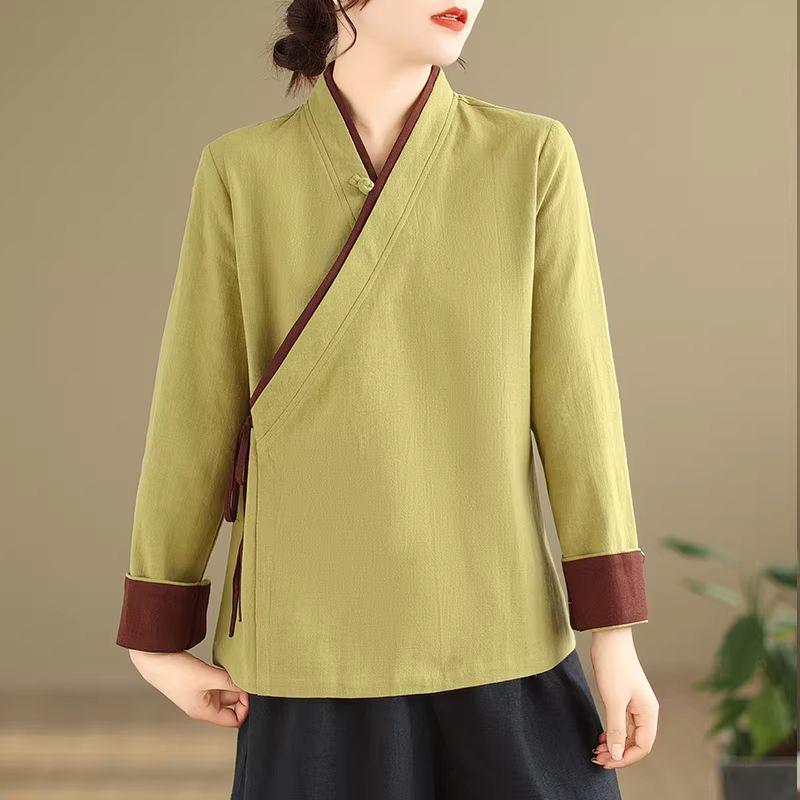 Plus Size Cotton Linen Zen Tea Shirt: Retro Chinese Style with Oblique Collar & Tie-up