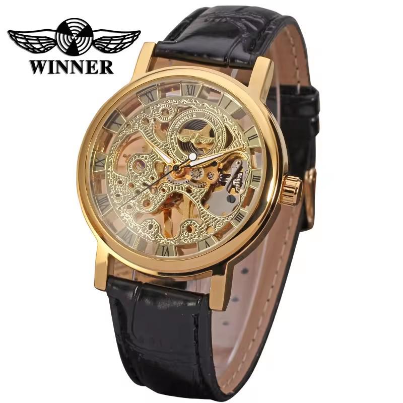 Winner Men's Double-Sided Skeleton Mechanical Watch, Gold Case with Brown/Red Strap.