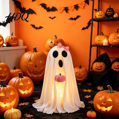 Porch Terrace Party Supplies Halloween Ghost Decoration, Light-Up White with Pumpkin, Indoor Relaxing Autumn Scene Cute Standing Tabletop for