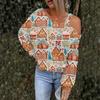 Women's Hollowed Out Fashionable Casual Floral Print Off Shoulder Hoodie Top Christmas
