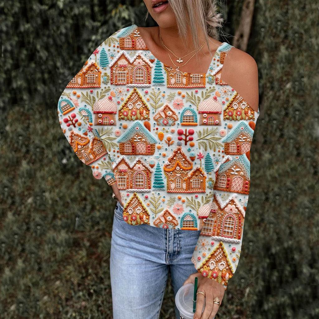 Women's Hollowed Out Fashionable Casual Floral Print Off Shoulder Hoodie Top Christmas