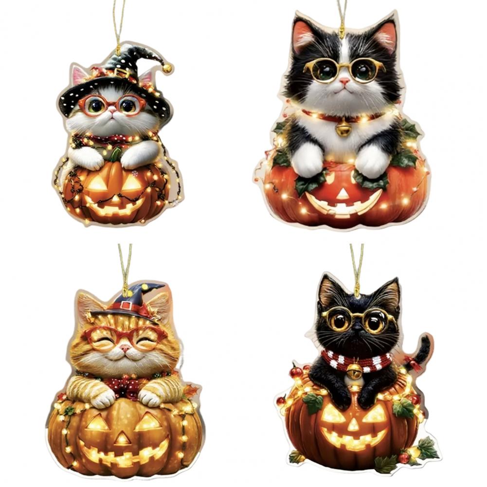 Acrylic Car Pendant Cartoon Car Mirror Decor Spooky Halloween Car Accessories Skull Cat Rearview Mirror Pendant for Backpack