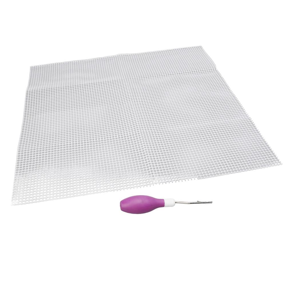 Hook Tool and Rug Hooking Mesh Kit Rubber Handle Bent Hook Crochet Needle 50x50cm Mesh Fabric for Crafts