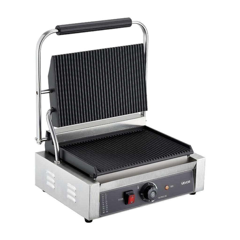 VEVOR Parrilla Panini Comercial, Sandwichera Panini Eléctrica de 2200W, Parrilla Prensadora de Sándwiches de Acero Inoxidable con Asa y Control de Temperatura
