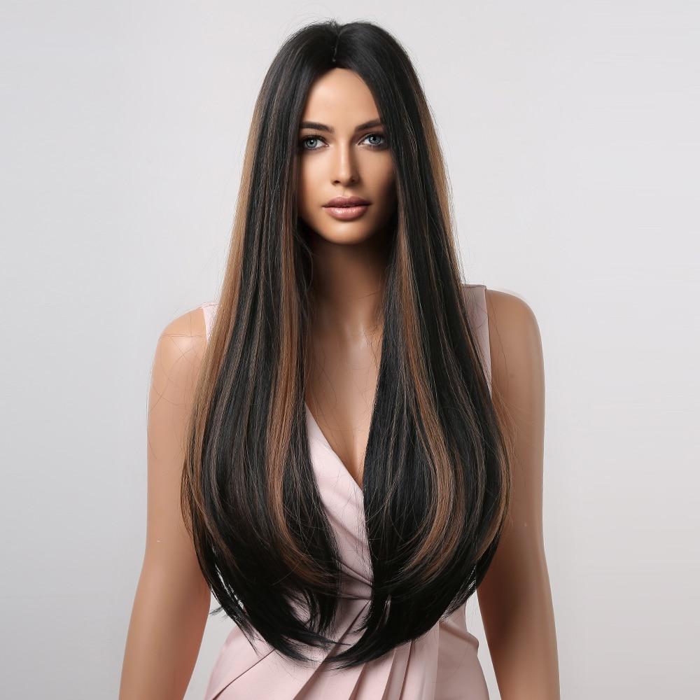 ALAN EATON Long Straight Black Brown Synthetic Wigs Highlights Colored Wigs for Black Women Heat Resistant Hair Middle Parting