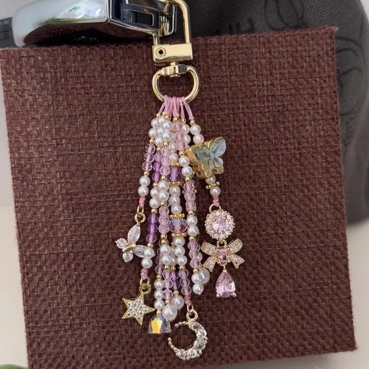 [Flower Butterfly Dance] Dream Pink Purple Butterfly Beaded Keychain Pendant Tassel Bag CD Camera Lanyard
