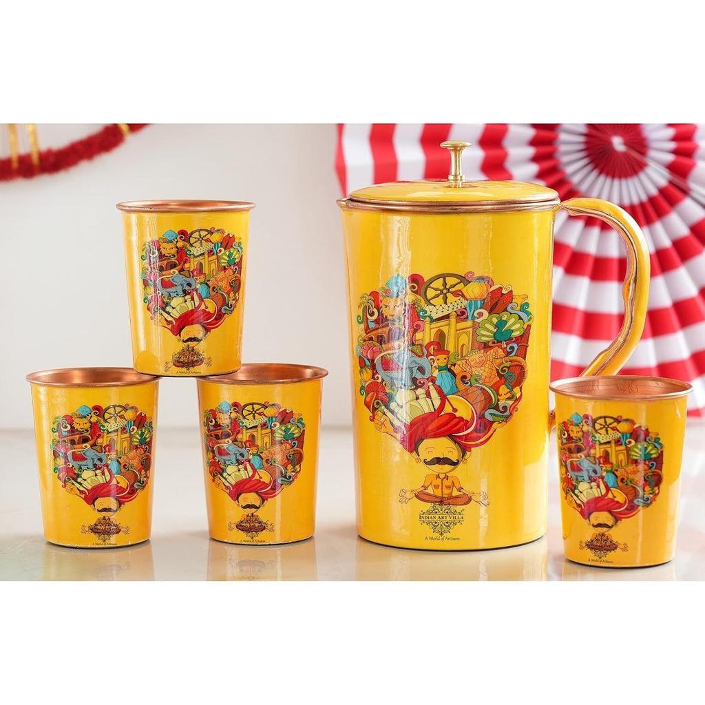 Meena Padharo Mhare Desh Theme Copper Gift Set of 1 Jug & 4 Glass - Perfect for Home, Office, and Gifting, Jug-1.5 Litre & Glass-270 ML Each