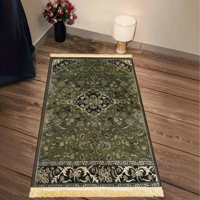 Alfombra de Oración Islámica Floral Medallón Vintage Oro Verde Poliéster Portátil Esterilla de Salah Musulmana Decoración del Hogar Ramadán Alfombra de Oración