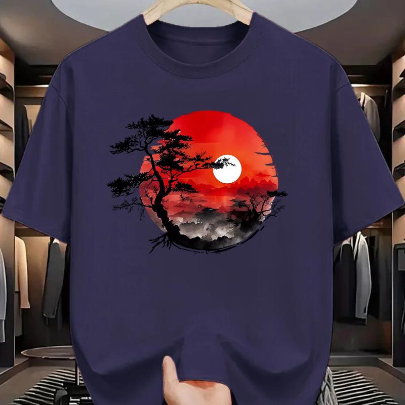 Men's Summer Pure Cotton Fashionable Casual Loose Fit Printed Round Neck Short Sleeved T-shirt Top