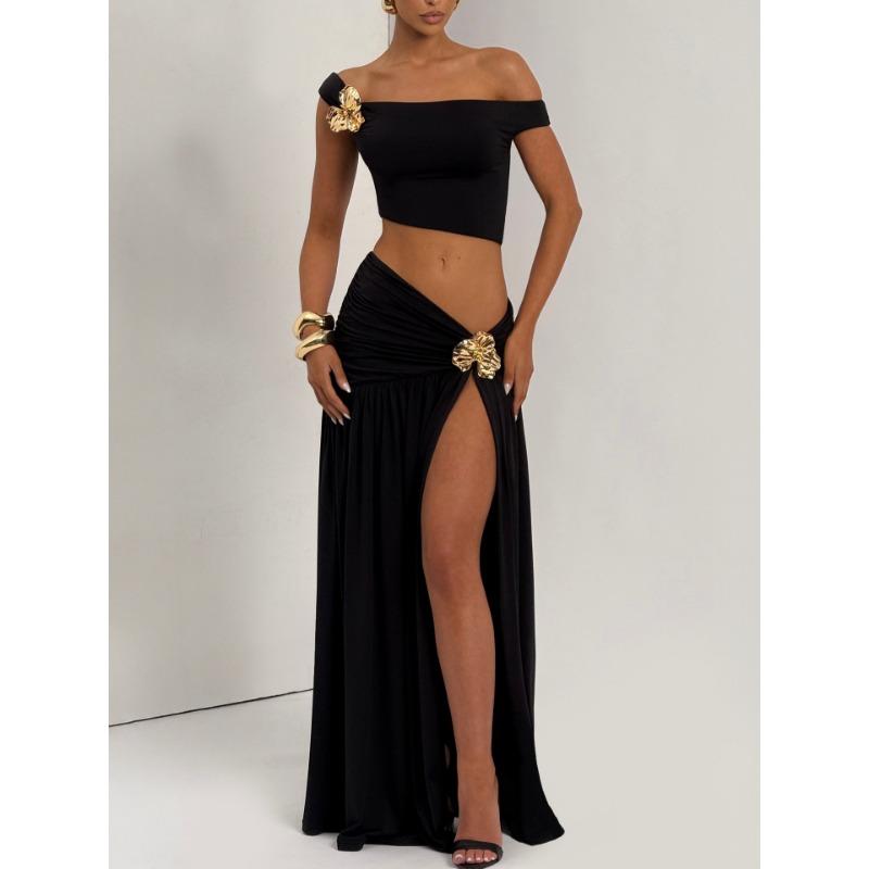 Women Sexy One Shoulder Crop Top Slit Pleated Midi Skirt Two Piece Set