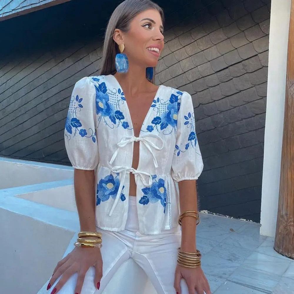 

Hollow Out Lace Up Flower Print Shirt Short Puff Sleeve Bow Short Puff Sleeved Top Streetwear