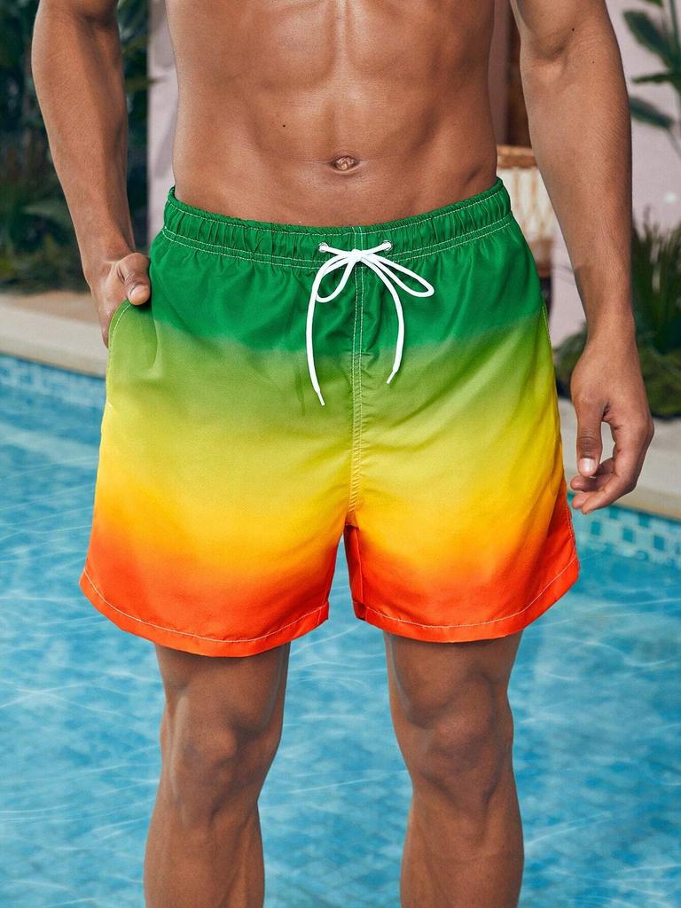 Men's Beach Shorts Gradient Color Block Drawstring Summer Men's Swim Trunks Elastic Waist 3D Print Breathable Short Streetwear