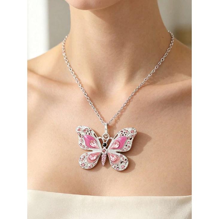 1pc Heavy-Duty Hollow Butterfly Pendant Necklace, Oil-Drip Inlaid Artificial Rhinestone Vintage Fashion Necklace