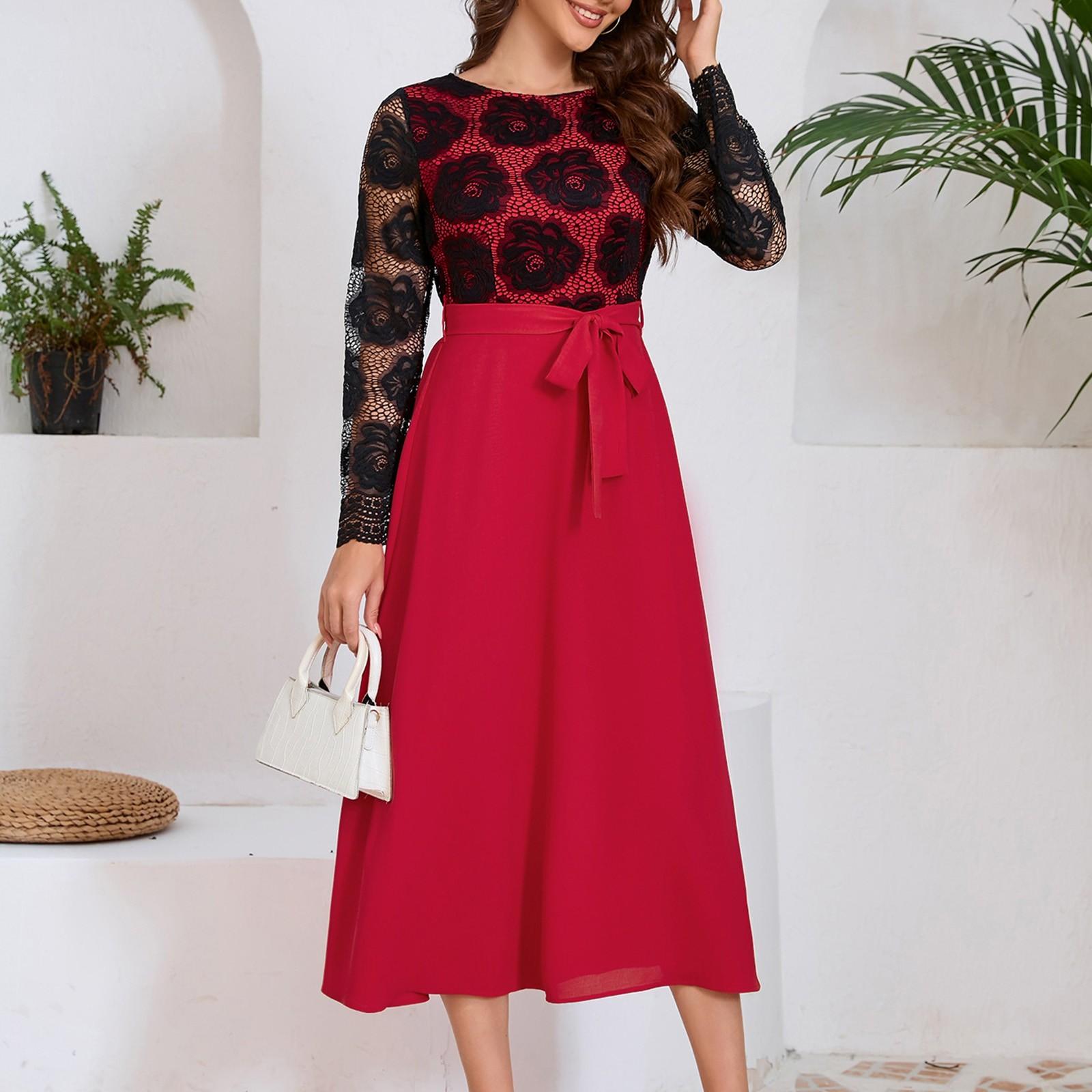 

Женское повседневное модное черное кружевное платье с круглым вырезом и длинными рукавами S красный