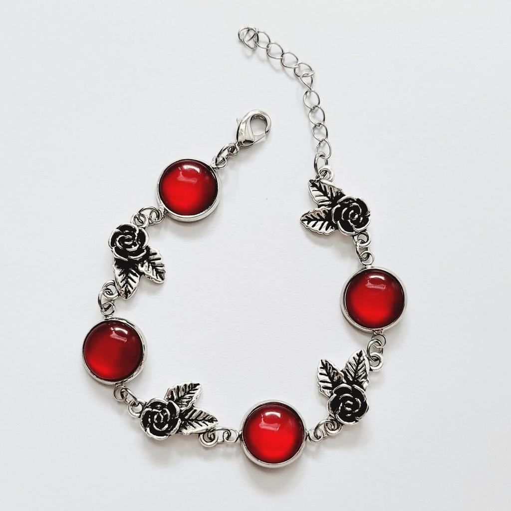 Red Ruby Rose Pendant Bracelet - Cute Floral Valentine's Day Jewelry