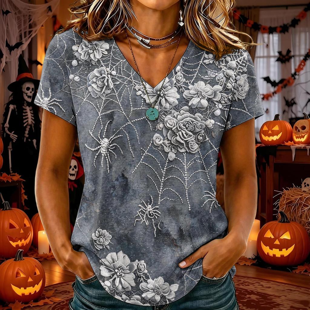 T-shirt d'Halloween pour femme à col en V et manches courtes, Haut décontracté élégant et confortable