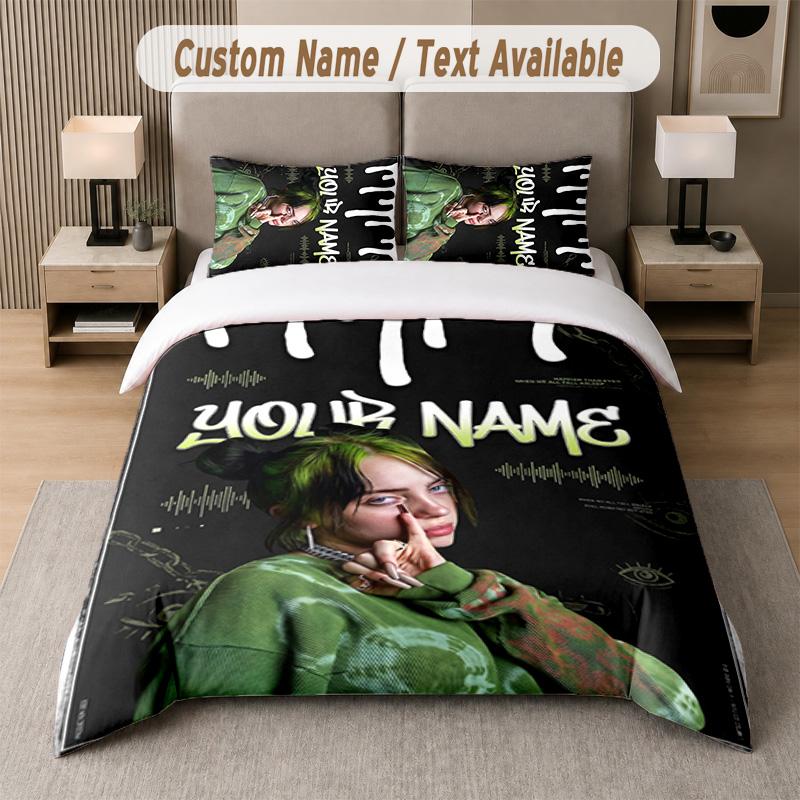 Billie Eilish 3Pcs Bedding Set, Personalized Custom Name Text, 1 Duvet Cover & 2 Pillowcases For Bedroom