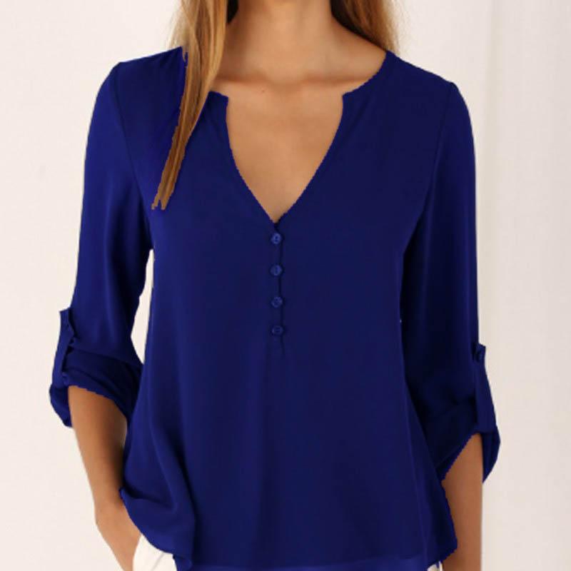 Women's V-Neck Blouse Plus Size Chiffon Shirt Long Sleeve Rollable Sleeve Loose Tops Casual T-shirt
