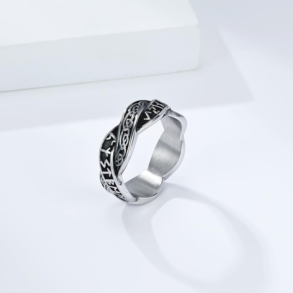 Nordic retro Viking text woven eternal knot, titanium steel ring, men's and women's niche design wedding ring, artistic food ring