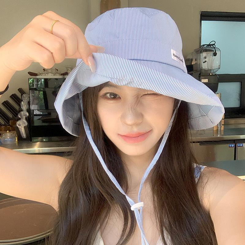 Summer Versatile and Fashionable Striped Big Hat Brim Small Fresh Striped Fisherman Hat Women Candy Color Pot Hat Sun Protection Fisherman Hat