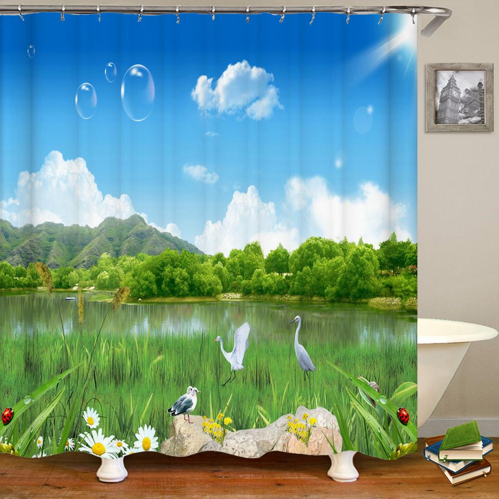 

3D Love Plant Leaves White Dove Scenery Bathroom Waterproof Shower Curtain Polyester Washable Home Decoration Curtain With Hook W60H190(CM)-1 Pcs
