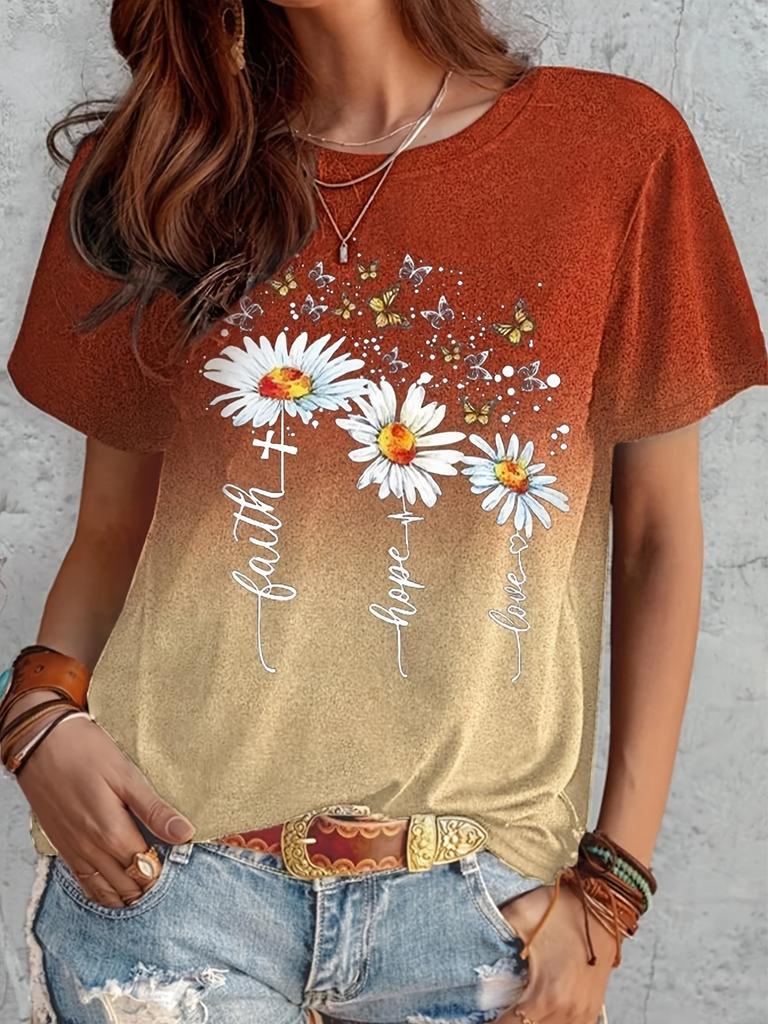 Plus-size casual T-shirt, women's short-sleeved crewneck slightly stretchy T-shirt with gradient daisy and butterfly prints