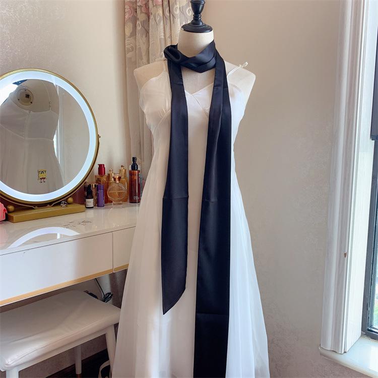 Navy Blue Solid Silk Ribbon Belt with Skirt Decoration