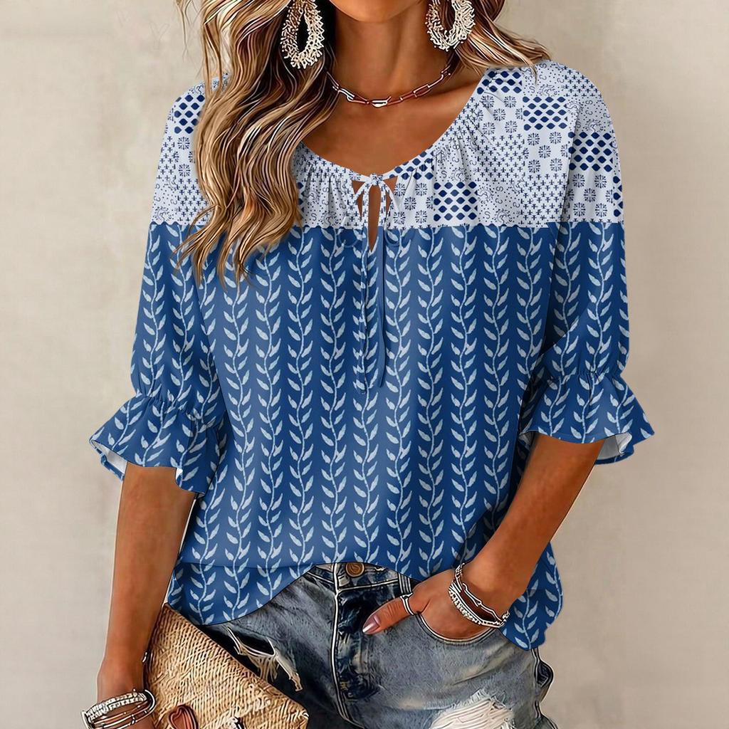 Damen Vintage Blumenmuster Bluse mit Bindekragen und Rüschen-Dreiviertelärmeln
