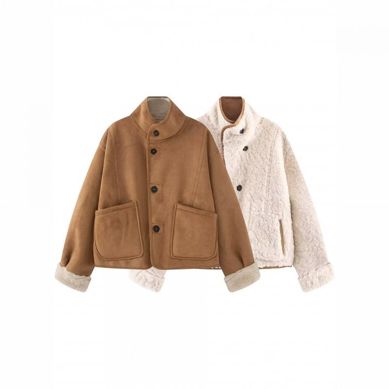 Womens Stand Collar Long Sleeve Jacket Dual-sided Wear Solid Color Casual Outerwear