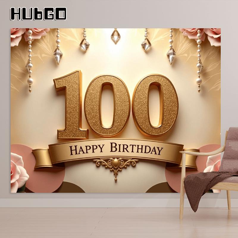 A dazzling 100th birthday banner background cloth, elegant golden design, birthday celebration event