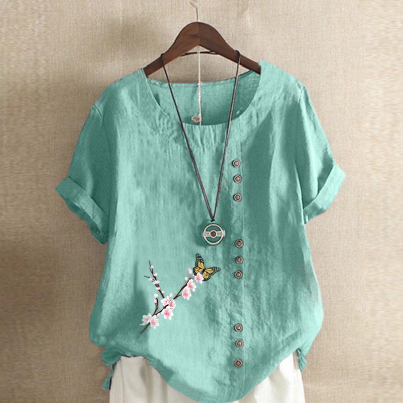 Women's Fashion Flowers Prined Short Sleeve T-shirt Loose Cotton Shirt Casual Loose Summer Blouse Tops Plus Size