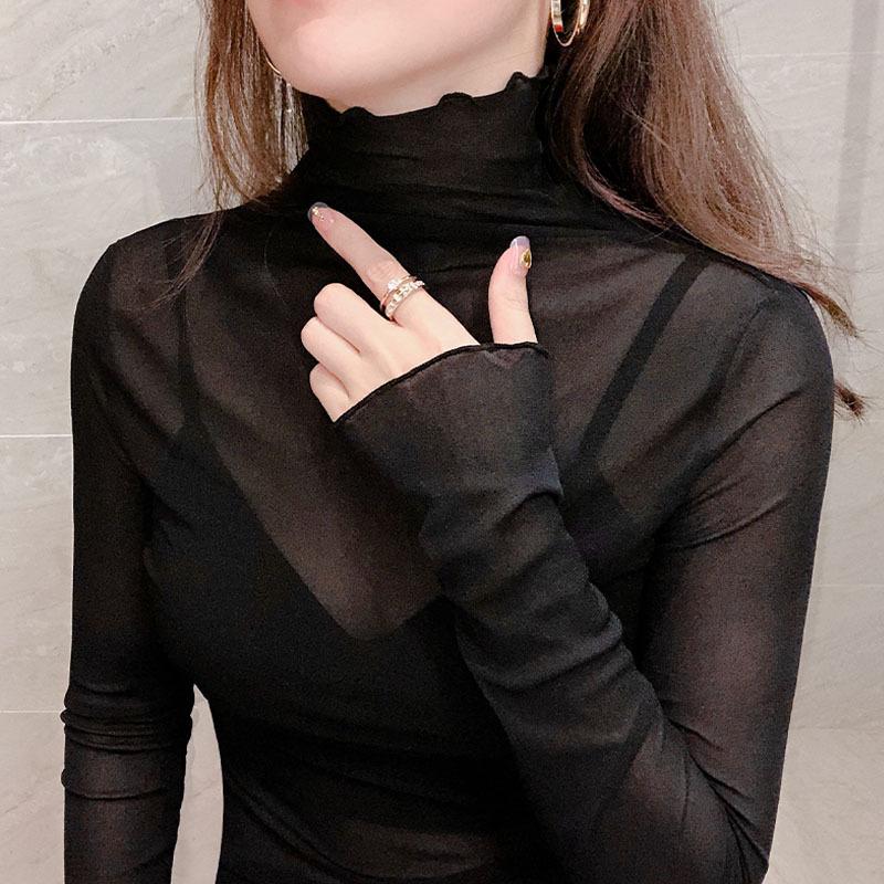 Women s Chic High-Neck Mesh Base Layer Top with Lace, Long Sleeve, 2024 Spring/Autumn, Versatile and Transparent. One Size чёрный