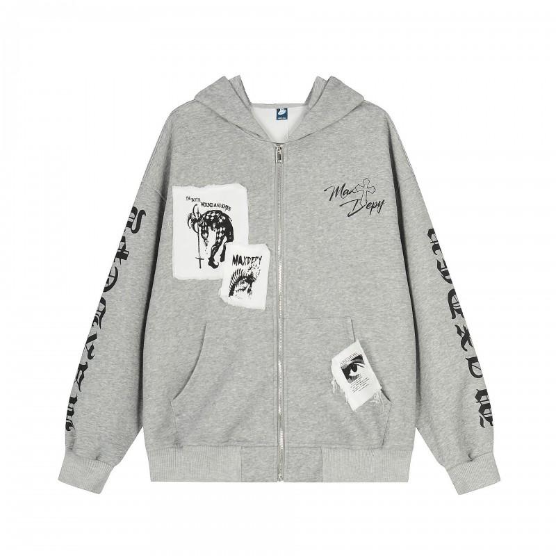 2026 Mens Oversized Hooded Zip-Up Sweatshirt With Abstract Patch Appliqu Streetwear Style Regular Thickness