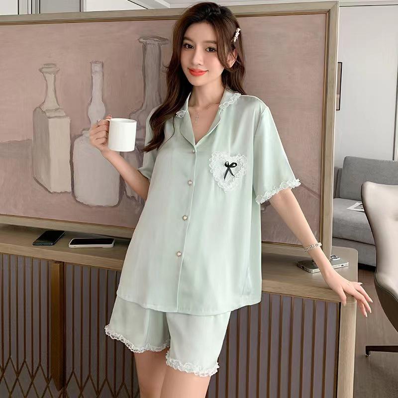 1011 new pajamas women's summer short-sleeved shorts set ice silk thin simple sweet style loungewear