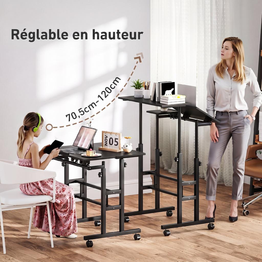 Sit-Stand Desk, Height-Adjustable, 70 x 60 cm, on Casters, Tilting Top, Black Metal Frame