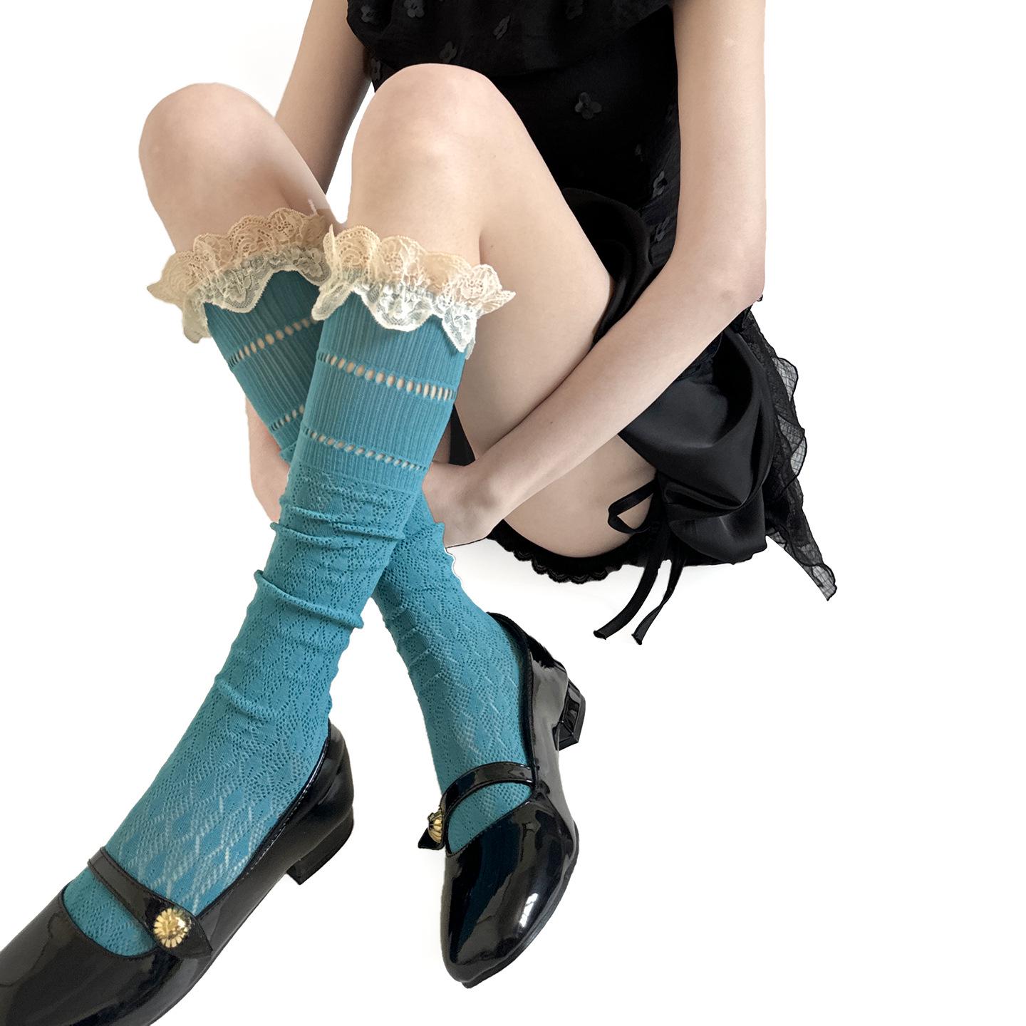 Vintage Japanese Lace Knee-High Socks, Summer Sheer JK Style, Ruffled Calf Design