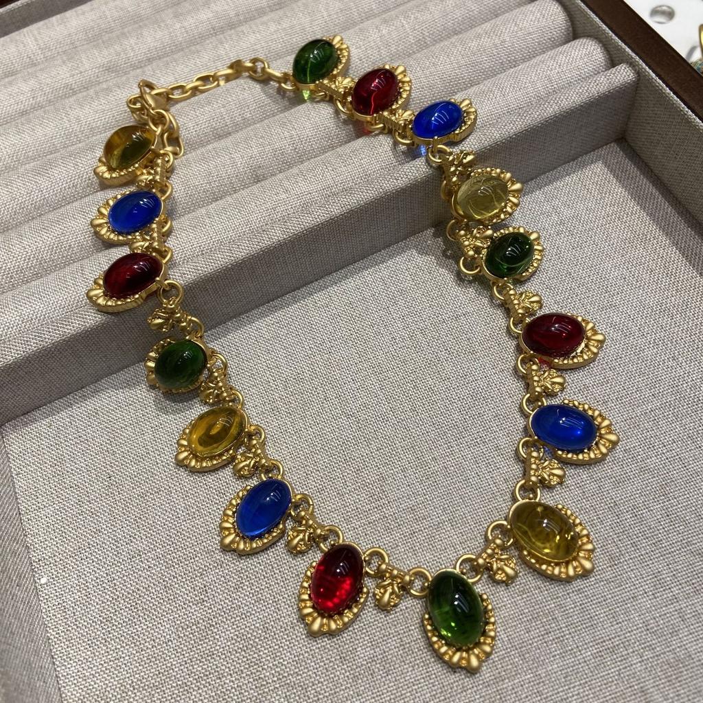 Brass Plated Real Gold Color Retention Retro Color Oval Glazed Necklace Female Bohemian Jewelry Sweater Chain