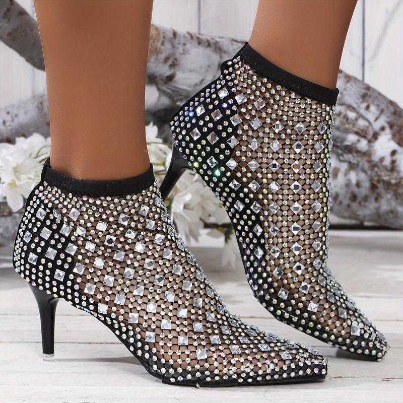 Women's Pointed Toe Mesh Rhinestone Stiletto Heel Fashion Sandals, Breathable Ankle Booties