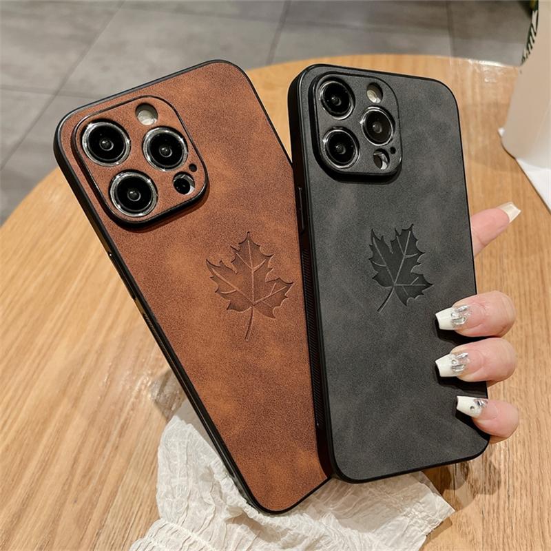Slim Lambskin Leather Maple Leaves Pattern Phone Case for iphone 16E 11 12 13 14 15 16 Pro Max 15 16 Plus Soft Bumper Back Cover