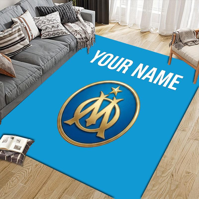 Custom Name,Olympique De Marseille Home Sofa Decoration for Living Room & Bedroom, Non‑Slip Play Flannel Floor Mat for Game Room